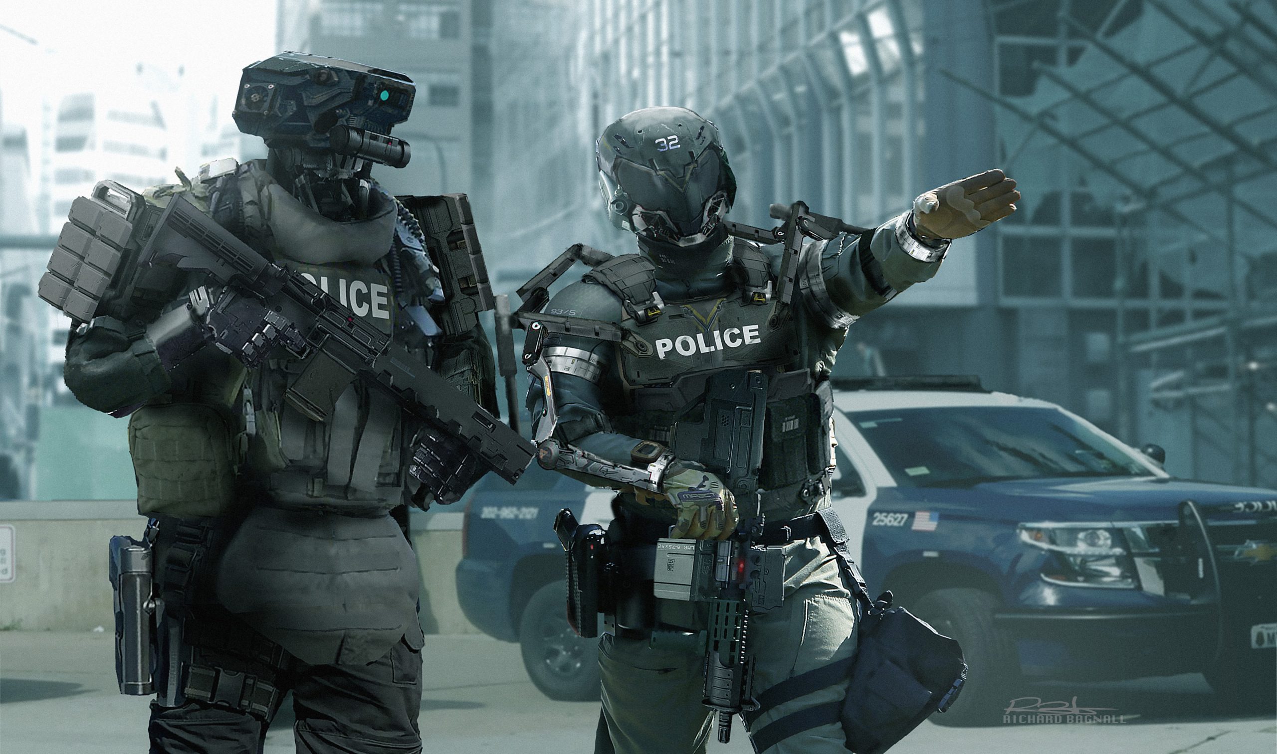 Sci-fi cyberpunk tactical police enforcement concept by Richard Bagnall