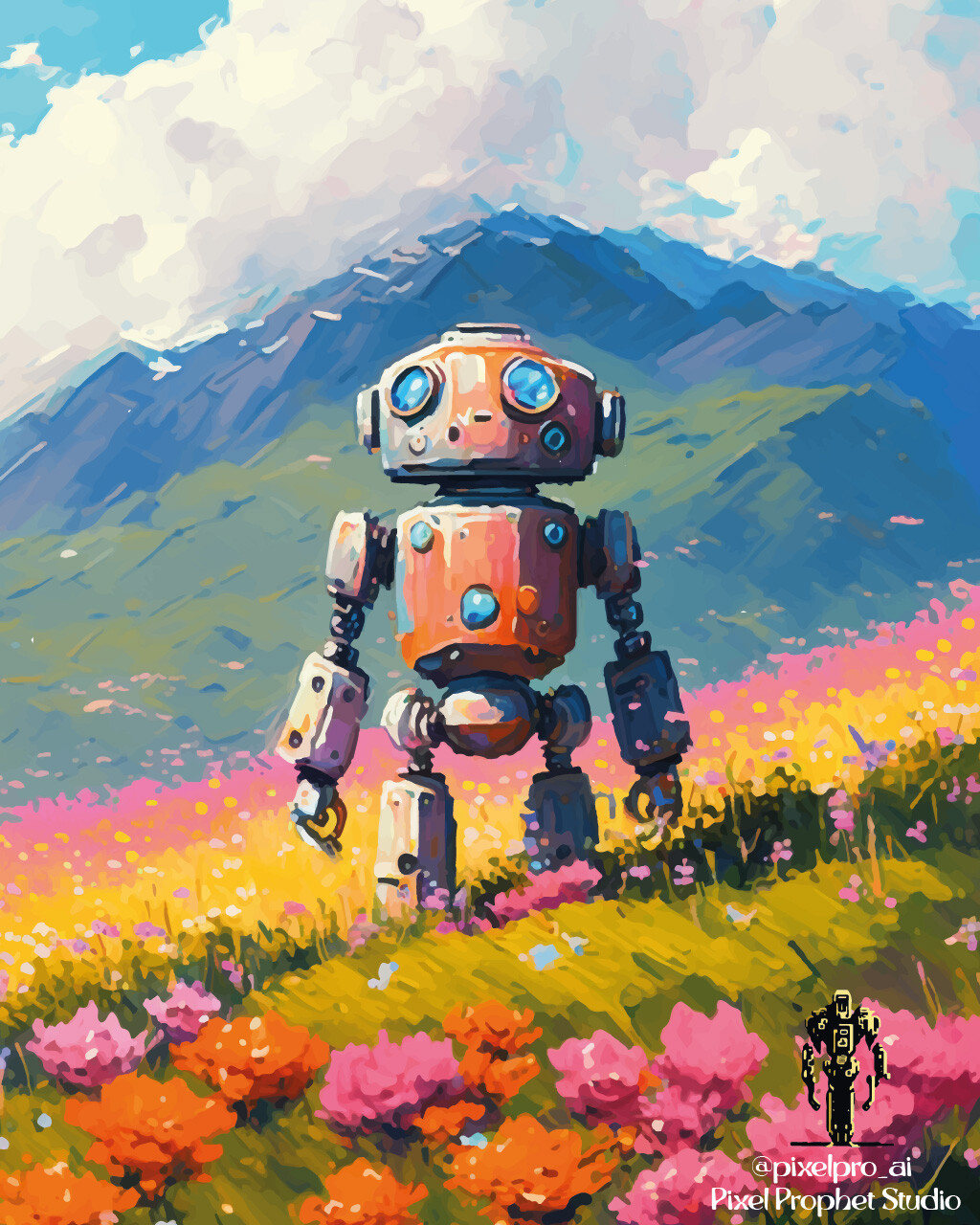 Robot walking on the flowery hill by Pixel Prophet Studio at ArtStation