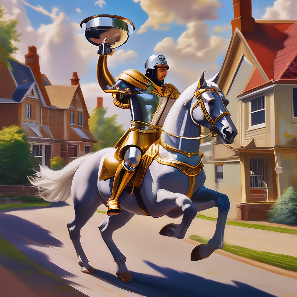 рыцарь на коне с серебряной чашей в руках скачет по улицам современного пригорода