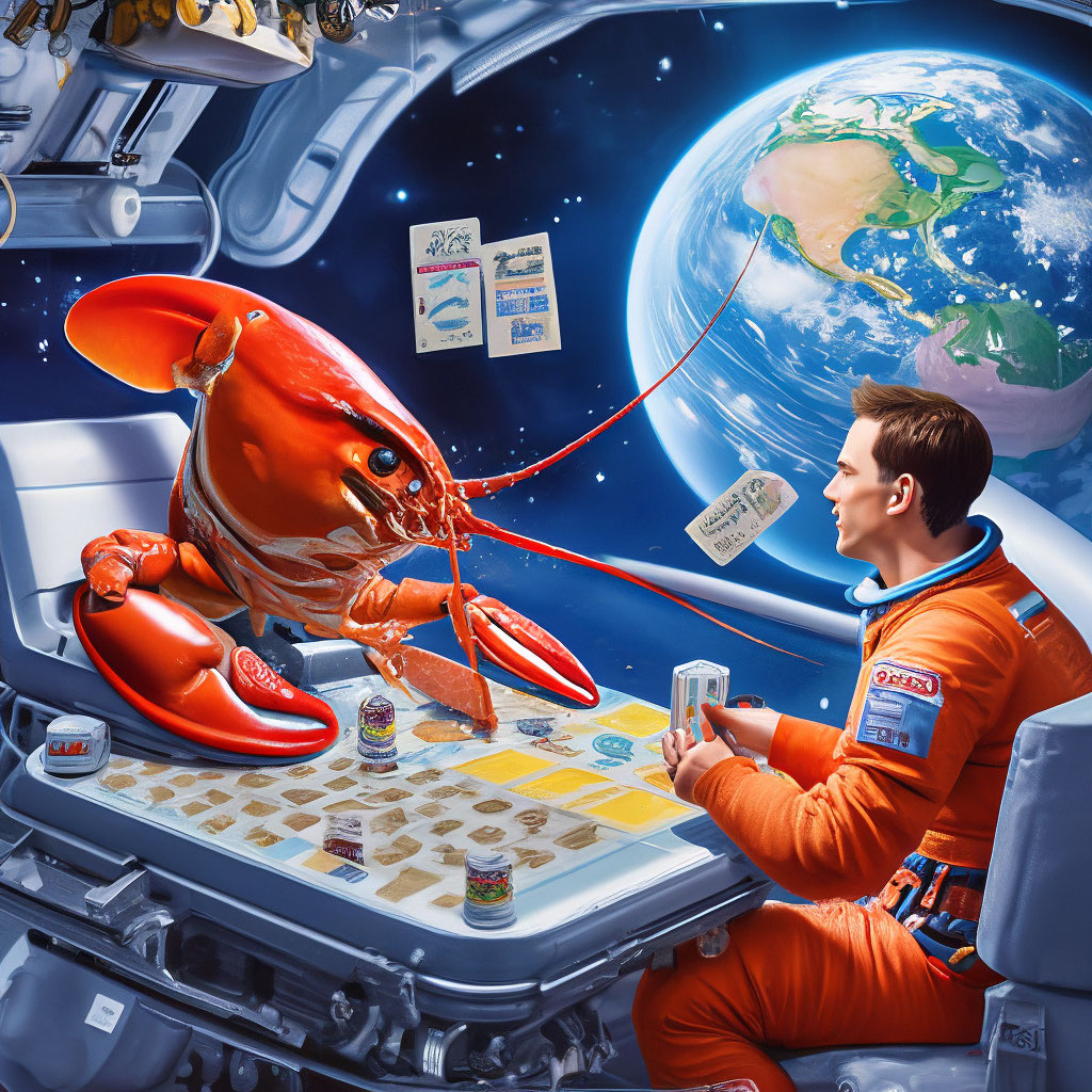 человек, омар и компьютер играют в Скрабл на космическом корабле (сгенерировано Шедеврум)