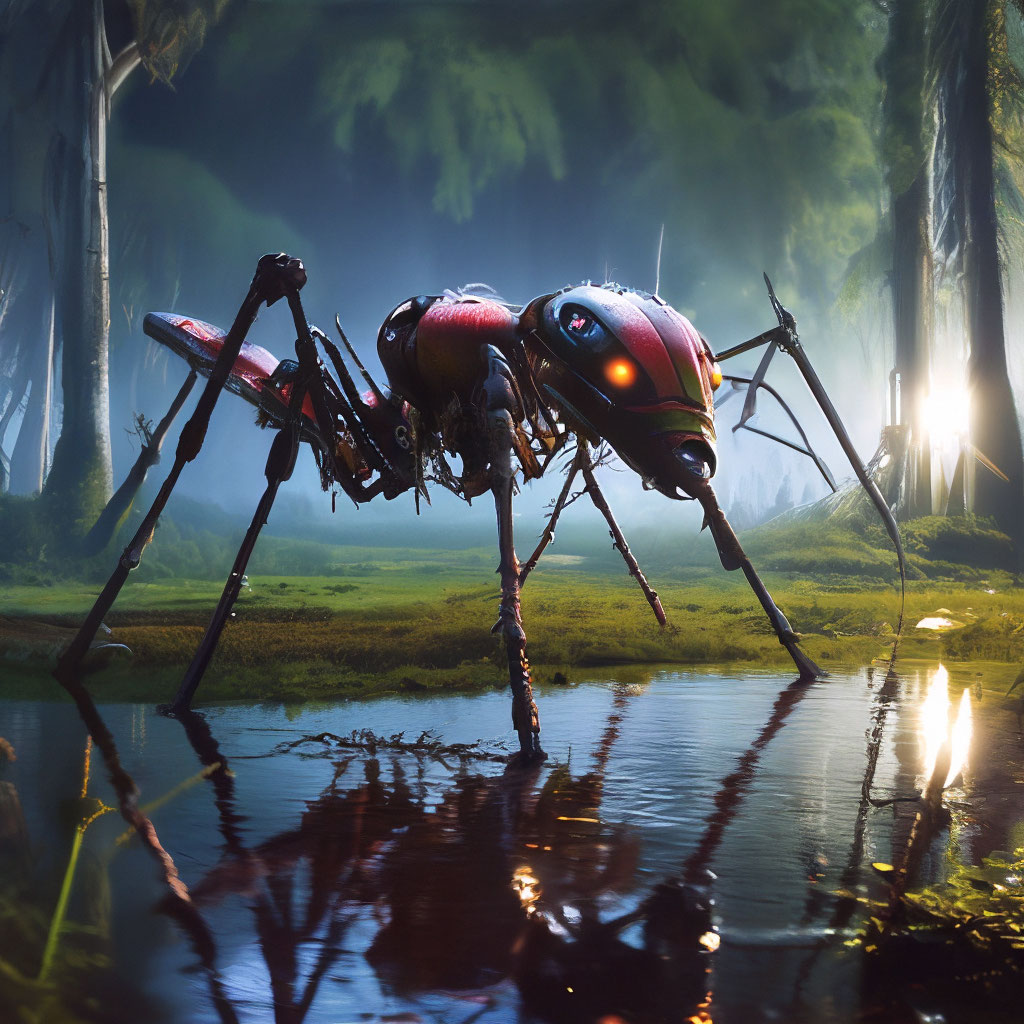 гигантский механический муравей на болоте ночью (сгенерировано Шедеврум)