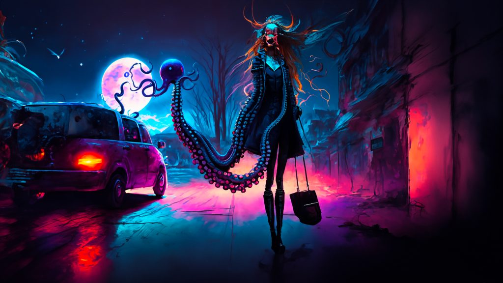 Alien octopus beautiful girl standing near car at night art (сгенерировано Adobe Firefly AI)