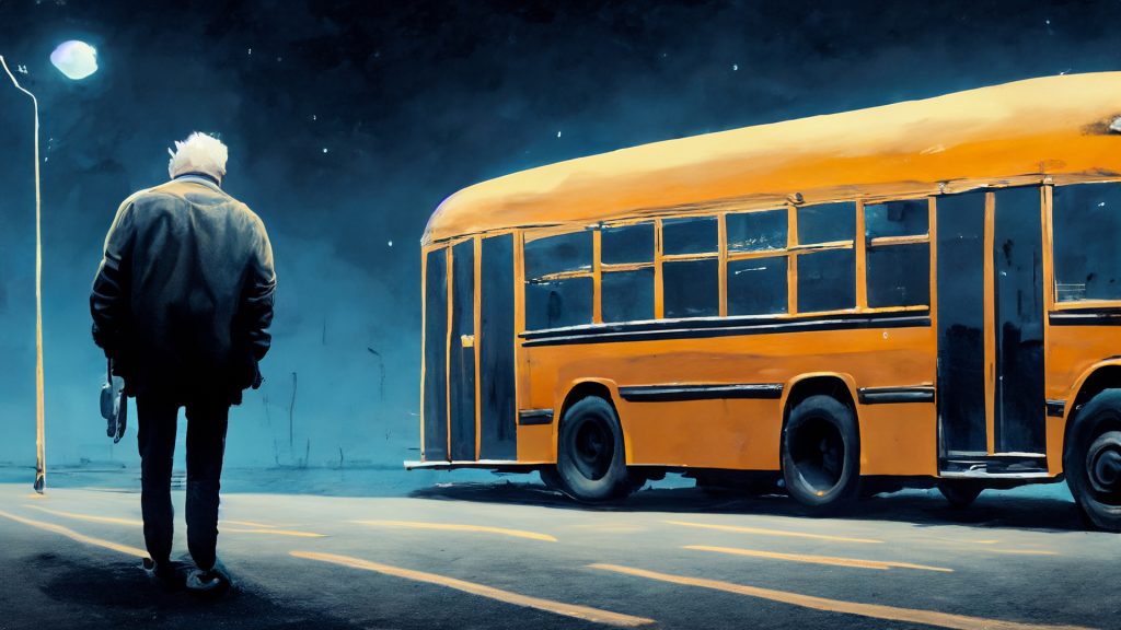 Bus at night on the road, lonely old man on the stop art (сгенерировано Adobe Firefly AI)