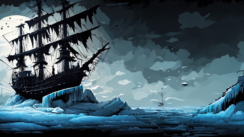 Ice sea, midevil ship black flag art (сгенерировано Adobe Firefly AI)