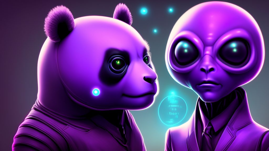 Alien violet panda and his advisor si-fi (сгенерировано Adobe Firefly AI)