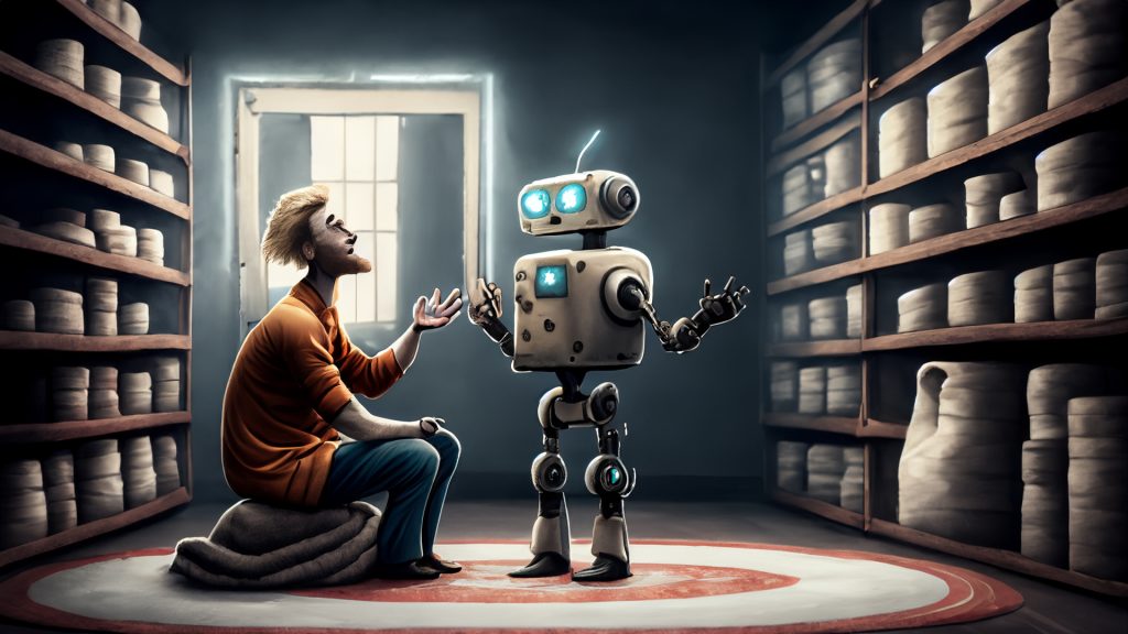 Man in a carpet talking to a robot in a dark storage comedy illustration (сгенерировано Adobe Firefly AI)