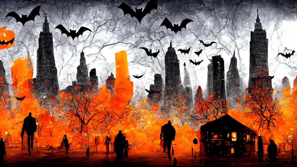 Beginning of New-York at autumn cold Halloween art (сгенерировано Adobe Firefly AI)