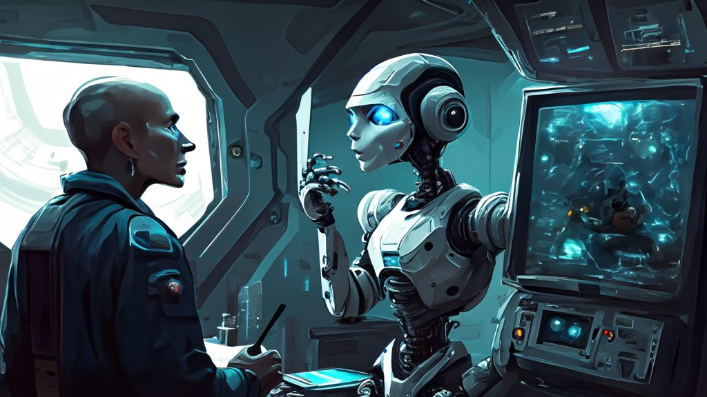 One android on the spaceship talking to a human crew art (сгенерировано Adobe Firefly AI)