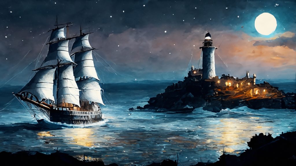 Midevil white ship at night near lighthouse art (сгенерировано Adobe Firefly AI)