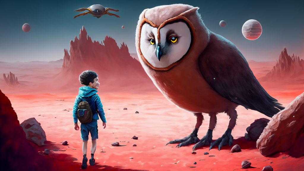 Boy walking on a surface of a red planet and talking to a giant owl (сгенерировано Adobe Firefly AI)