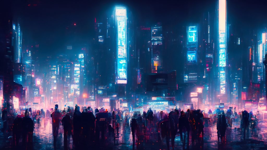 Street of the future city with crowd and heavy traffic at night art (сгенерировано Adobe Firefly AI)