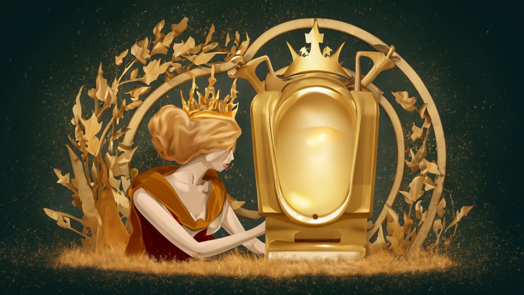 Queen operating machine turning gold into straw illustration (сгенерировано Adobe Firefly AI)