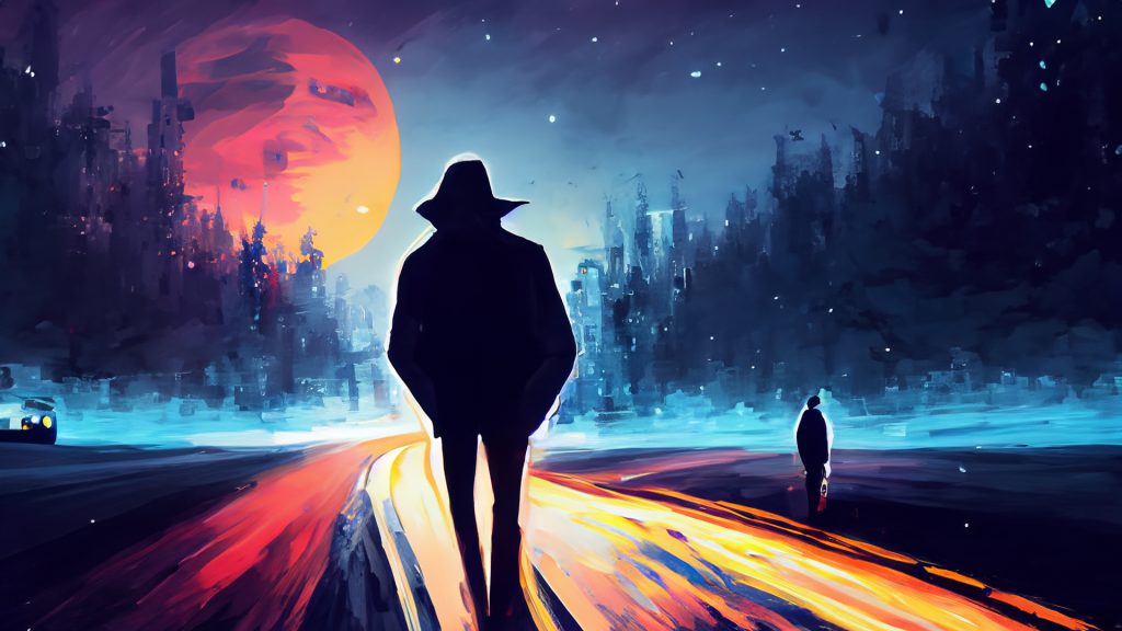 Lonely man on a night road art (сгенерировано Adobe Firefly AI)