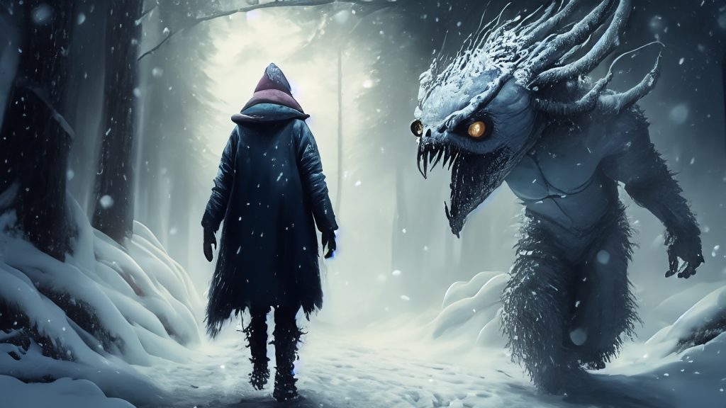 Human with a creature walking throgh the snow storm art (сгенерировано Adobe Firefly AI)