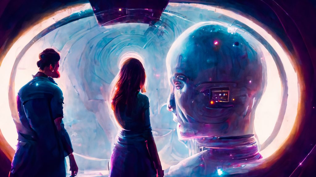 Human inside giant spaceship looking at huge man inside energy field art (сгенерировано Adobe Firefly AI)