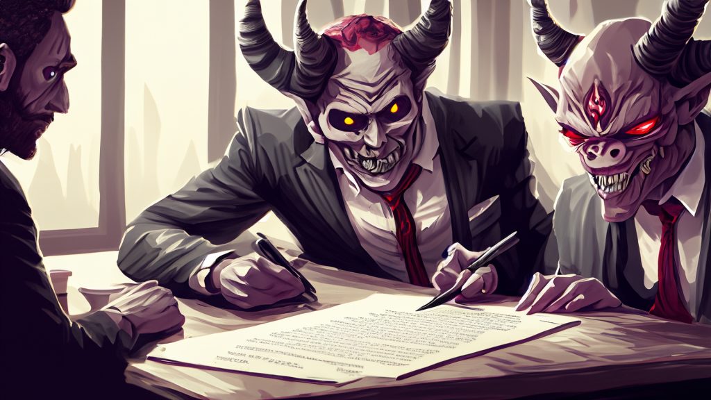 Man signing a contract with demon illustration (сгенерировано Adobe Firefly AI)