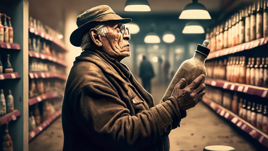 Homeless old man in the shop choosing a bottle illustration (сгенерировано Adobe Firefly AI)