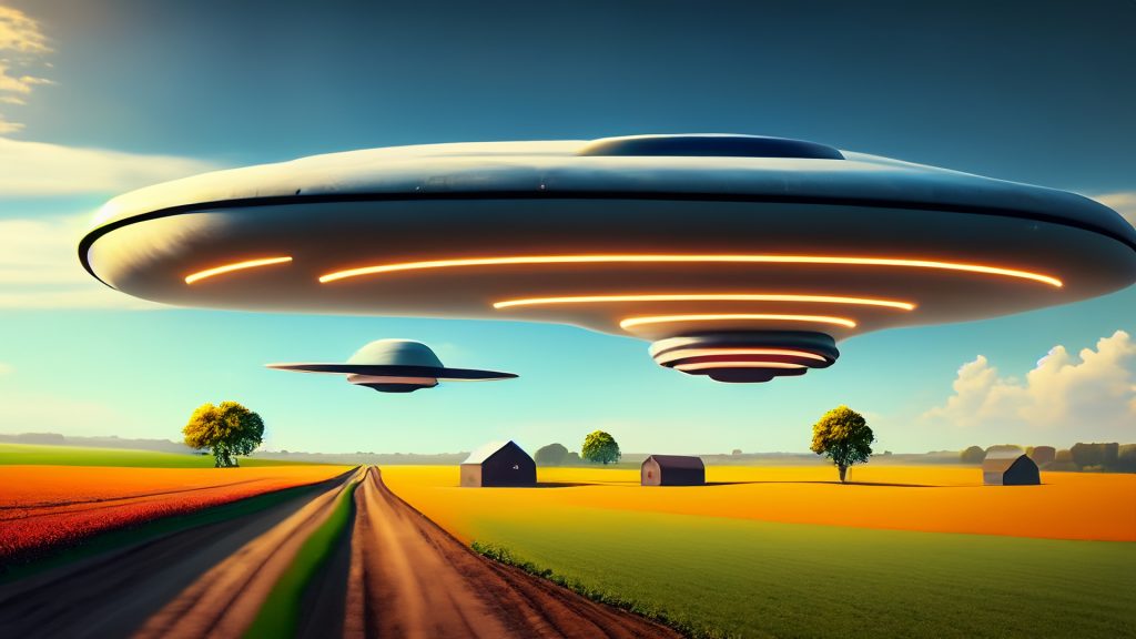 UFO flying over farm art (сгенерировано Adobe Firefly AI)