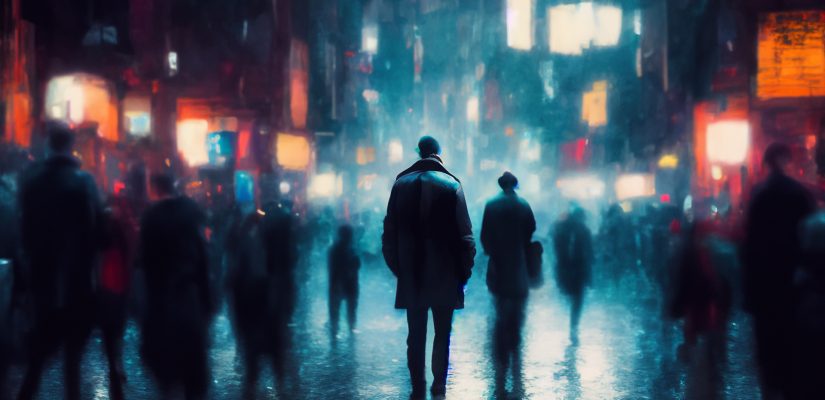 Lonely man on the dark street in the crowd art (сгенерировано Adobe Firefly AI)