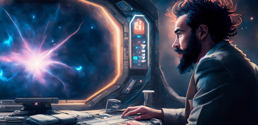 A man into starship with computer looking at a supernova art (сгенерировано Adobe Firefly AI)