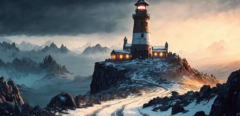 A lonely lighthouse in the mountains during a snowstorm and an alien caravan with camels art (сгенерировано Adobe Firefly AI)