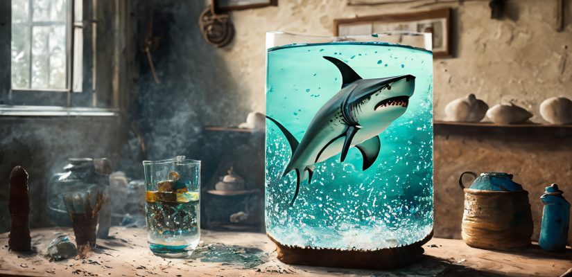 A shark swimming inside a glass with sea water standing on a table in a room of a village house art (сгенерировано Adobe Firefly AI)
