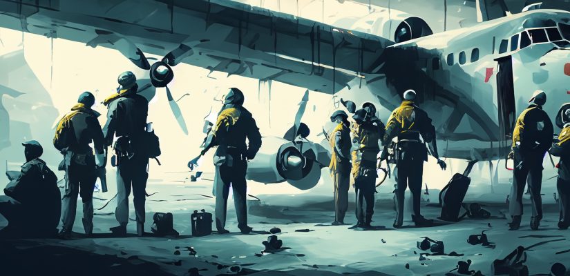 Airplane crew working in an extreme conditions illustration (сгенерировано Adobe Firefly AI)