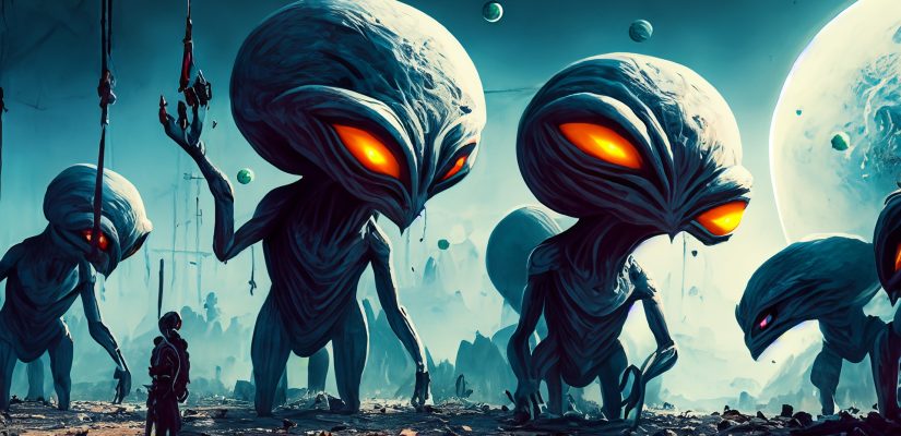 Many aliens are rebuilding the destroyed planet art (сгенерировано Adobe Firefly AI)