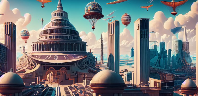 An american architecture monumental art déco future urban with zeppelines flying around illustration (сгенерировано Adobe Firefly AI)