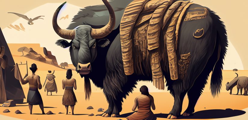 Prehistoric people pray to a huge buffalo illustration (сгенерировано Adobe Firefly AI)