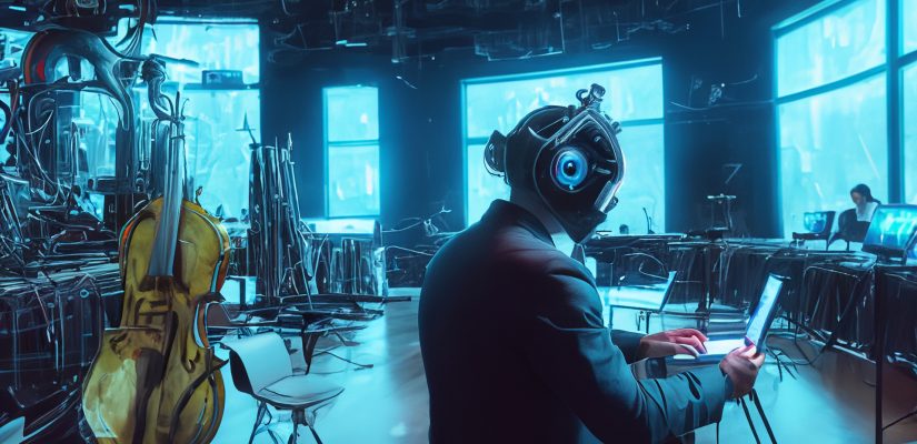 Future concert hall with science instruments and a composer connected to a computer with helmet art (сгенерировано Adobe Firefly AI)