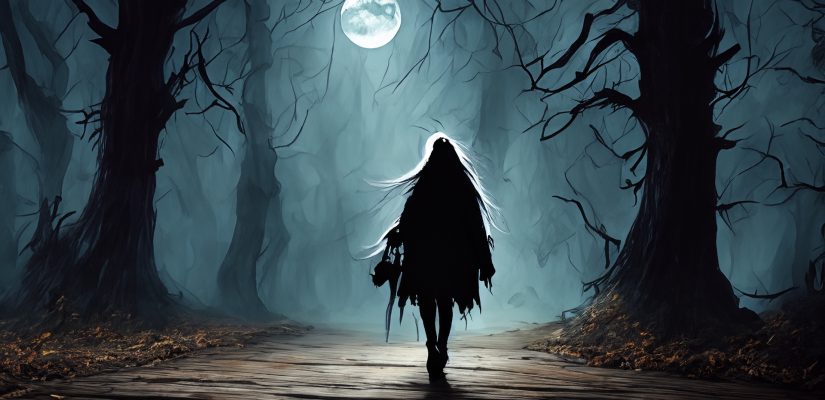 A mystery scary woman walking in a dark wood art