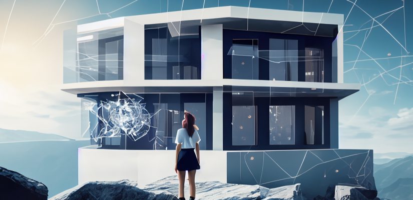 A female standing inside a hologram big modern house on the stone edge illustration (сгенерировано Adobe Firefly AI)