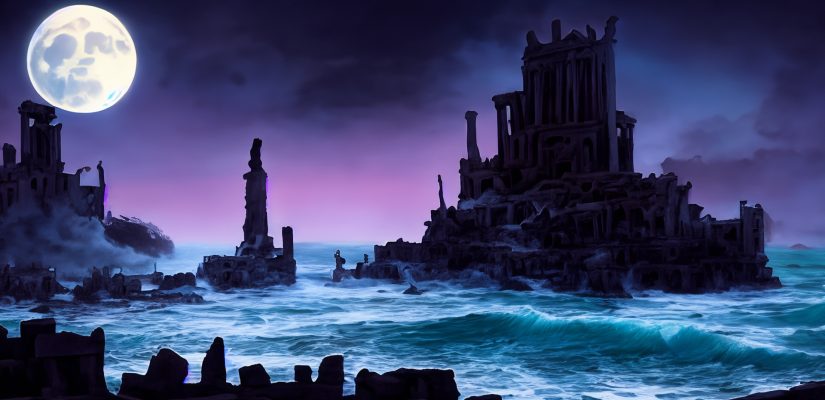 Cthulhu rising over ancient ruins and towers at dark ocean at night art (сгенерировано Adobe Firefly AI)