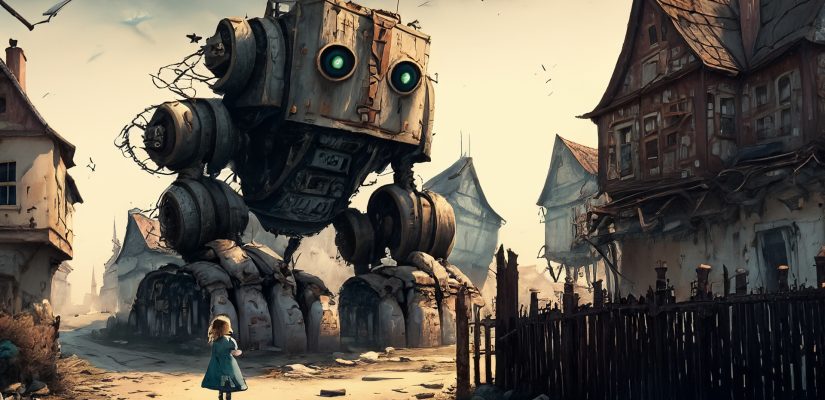 An ancient village with dilapidated houses and a sad girl on the street, and a rusty giant building worker robot rises behind the fence art (сгенерировано Adobe Firefly AI)