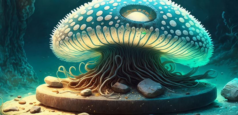 Anemone on the seabed and one of the tentacles rides on a platform with stone wheels illustration art (сгенерировано Adobe Firefly AI)