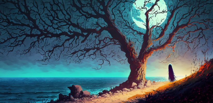 Ghost next to a tree on a steep seashore at night art (сгенерировано Adobe Firefly AI)