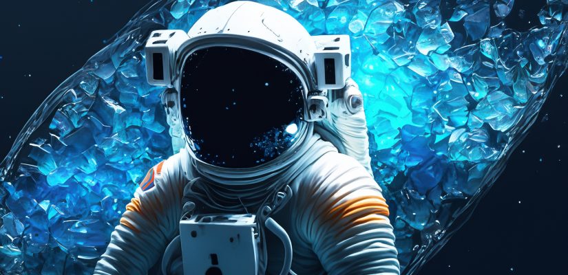 An astronaut in the deep dark space with light blue pieces of glass art (сгенерировано Adobe Firefly AI)