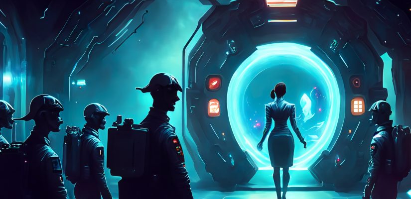 A man in a suit and several people in uniform are inside a spaceship, a woman comes out of a glowing gateway and smiles art (сгенерировано Adobe Firefly AI)