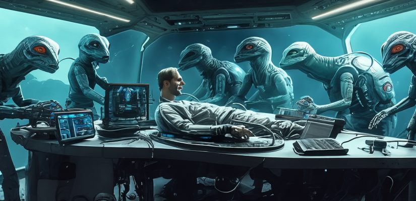 A man on a spaceship lies on a table surrounded by reptilians and gray aliens who connect him to a computer using tubes and wires (сгенерировано Adobe Firefly AI)