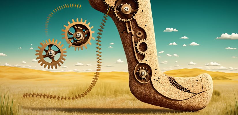 A cork prosthetic leg with a winding mechanism, springs and gears jumps across the prairie illustration (сгенерировано Adobe Firefly AI)