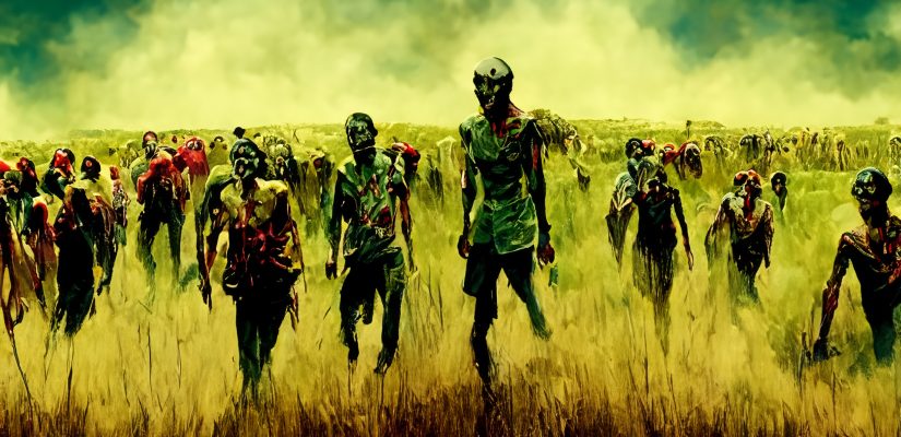 Masses of zombie walking through prairie arond conquistodores classic art (сгенерировано Adobe Firefly AI)