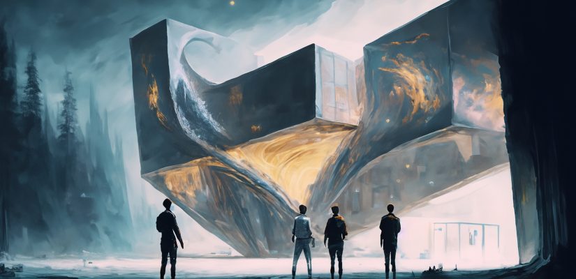 An architect and his friend stand near a modern sci-fi house built in the shape of a cube and observe the curvature of space-time around them art (сгенерировано Adobe Firefly AI)