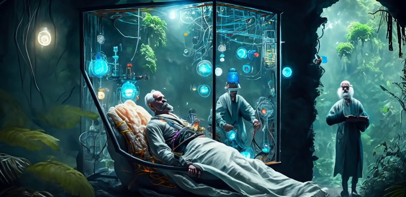A man inside a glass capsule lies with tubes and wires connected to him in a cave in the jungle, a scientific mechanism with lights and levers is connected to him, an old man in a robe stands next to him and presses buttons art (сгенерировано Adobe Firefly AI)