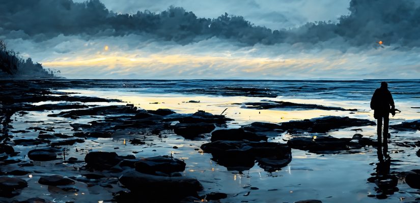 A very dark seashore just before dawn, algae is scattered on the wet stones, there are many puddles around, a lonely man with a flashlight walks along the shore, and in the distance a dark figure can be seen, a scary and depressing situation art