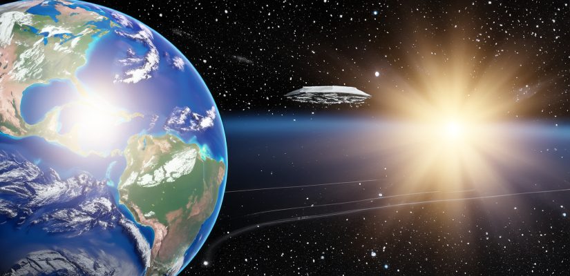 Sun and Earth in space alien spaceship on an orbit (сгенерировано Adobe Firefly AI)