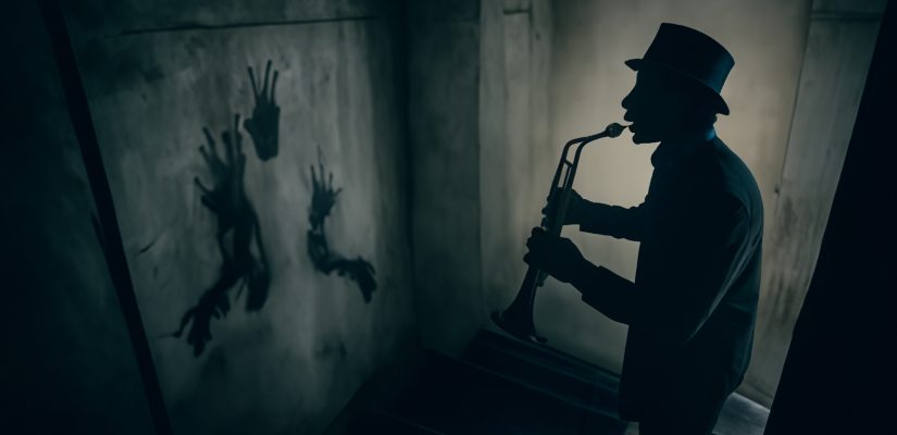 A strange scary man with trumpet standing on the staircase and talking dark art (сгенерировано Adobe Firefly AI)