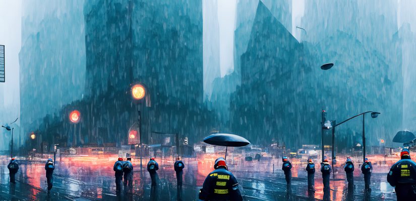 Rainy day and incident police near skyscraper fantastic art (сгенерировано Adobe Firefly AI)