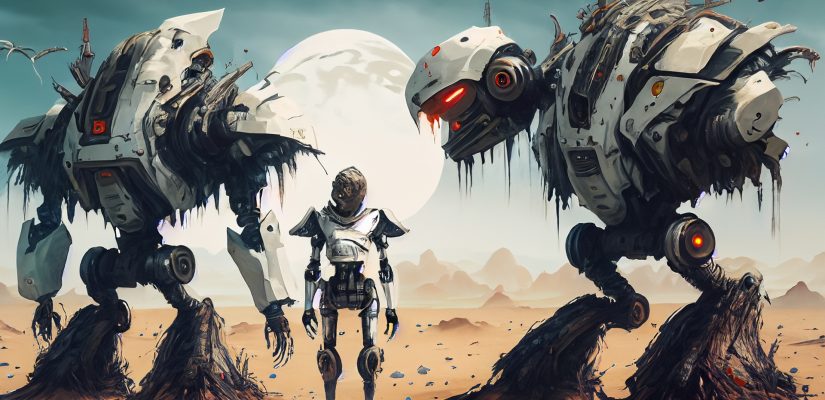 White and black robots confront each other in a post-apocalyptic desert fantasy art (сгенерировано Adobe Firefly AI)