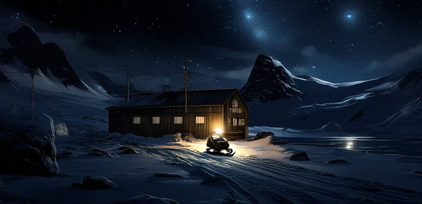 Antarctic station at night with lonely snowmobile fantasy art (сгенерировано Adobe Firefly AI)